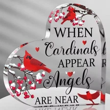 NEW 4" x 4" Clear Acrylic Heart "When Cardinals Appear Angels are Near" 