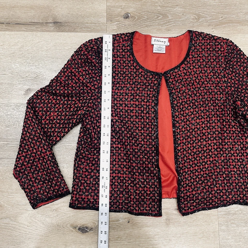 De Colección Stènay Traje Chaqueta Mujer Grande Rojo Negro 100% Seda Cuentas Abierto Manga Larga Foto 2 de 4