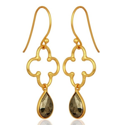 Pyrite Dangle 18K Yellow Gold Plated Art Deco Earrings Jewelry For Birthday Gift - Picture 3 of 6