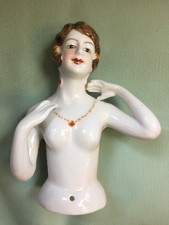 ** PORCELAIN 1920’s STYLE PIN CUSHION HALF DOLL W /NECKLACE, Large 5” Tall!