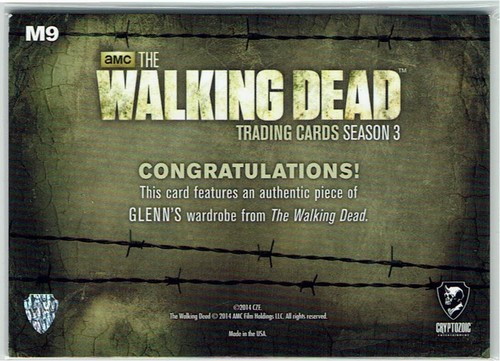 Walking Dead Season 3 Part 1 TWD Wardrobe Costume Card M9 Steven Yeun as Glenn - Picture 2 of 2