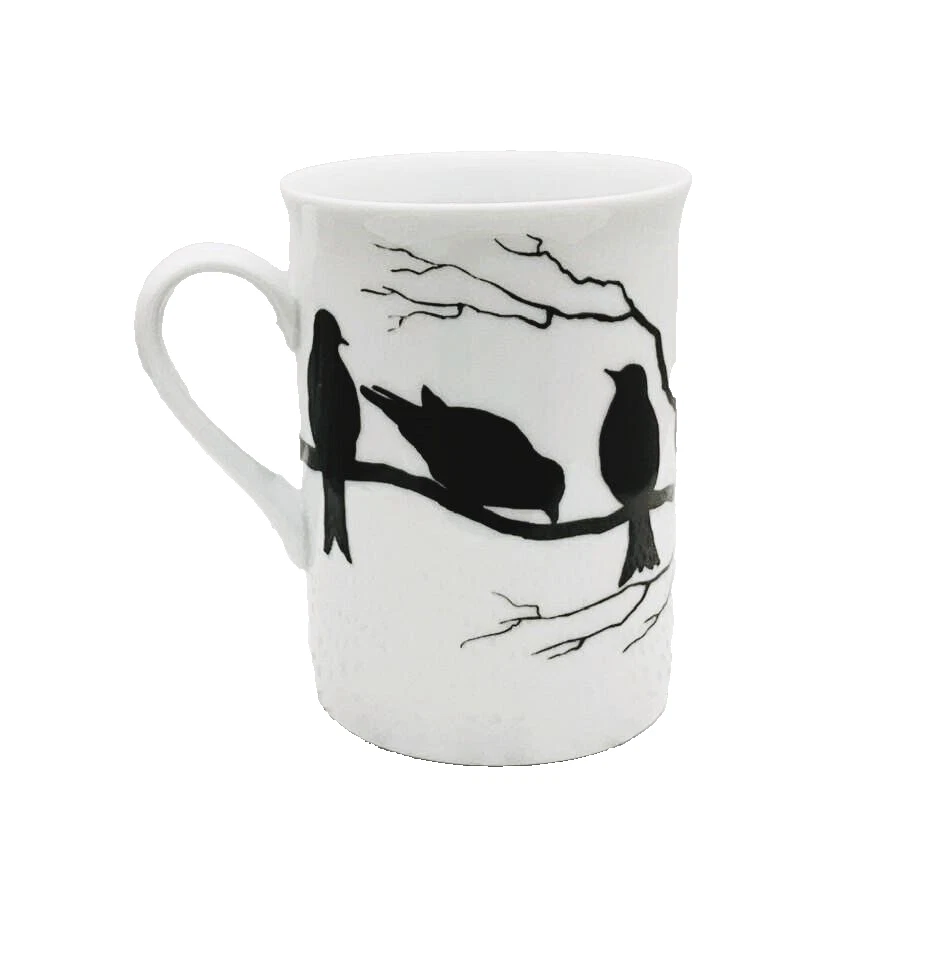 tasse en céramique blanche motifs sihouettes oiseaux noirs 10 x 7,5 cm env - Photo 3/4