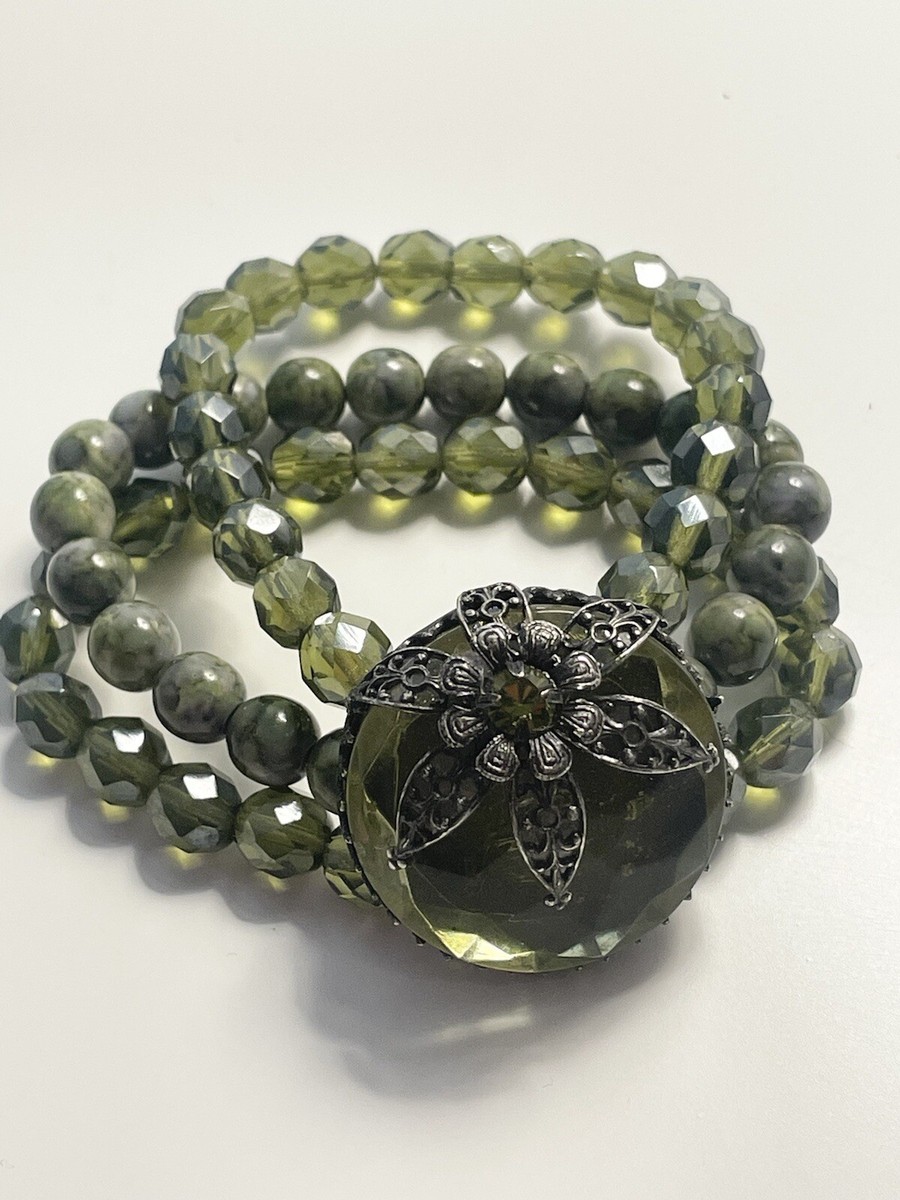 Hand Crafted Silver Tone Stone Beaded Glass Green