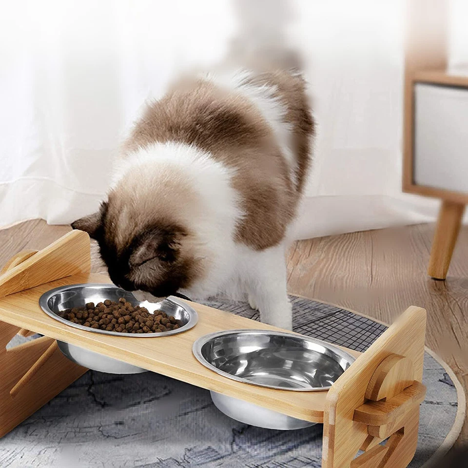 Erhöht Futternapf Für Katzen Klein Hunde Höhenverstellbar Katzennapf 2x Schüssel - Bild 2 von 4
