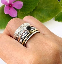 Round Black Onyx Gemstone 925 Solid Sterling Silver Handmade Fidged Spinner Ring