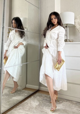 ZARA NWT $99 WOMAN V-NECK OPENWORK EMBROIDERED MIDI DRESS WHITE