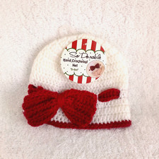 So'dorable Newborn Infant Hand Knitted Hat White Red Bow 0-6 Months C15-1878