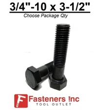 3/4-10 x 3-1/2" Hex Bolt Plain Black Steel Grade 5 Cap Screw PT (Choose Qty)