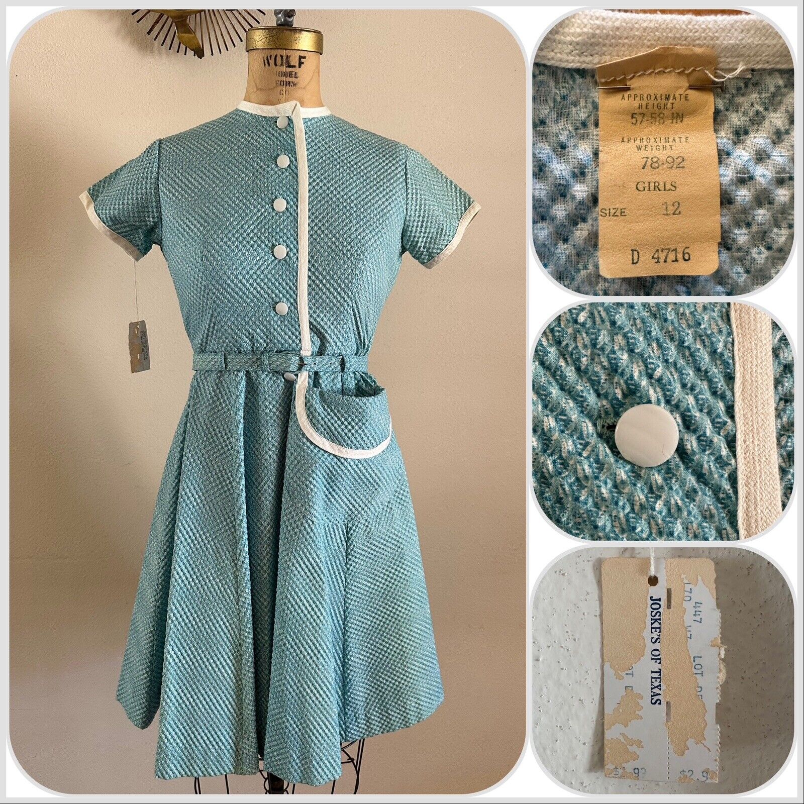 NWT 1940s 1950s Textured Waffle Cotton Dress w Be… - image 1