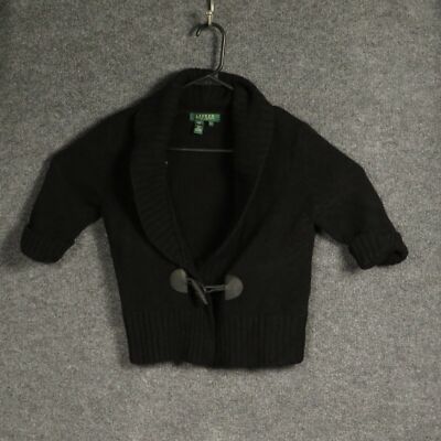 Lauren Ralph Lauren Cardigan Womens Small Petite Black Wool Short Sleeve V  Neck