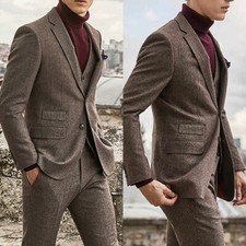 Brown Men Herringbone Suits 3 Pieces Handsome Slim Fit Business Suits Tailored