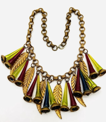 Early Miriam HASKELL Unusual Bell Tubes & Leaves Bib Necklace Vintage Jewelry