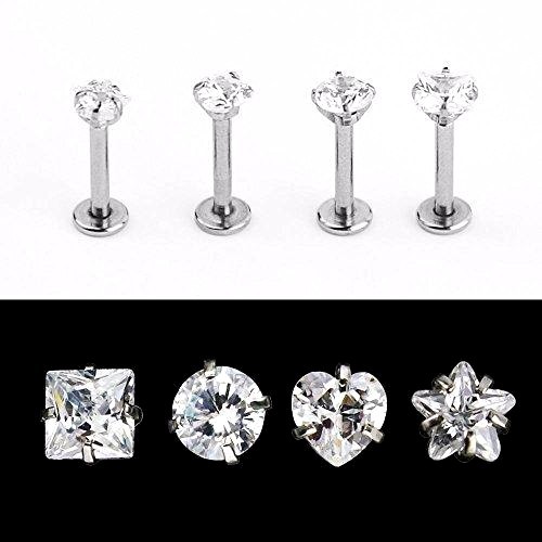 CZ Gem Internally Threaded Conch Helix Earring Stud Labret Lip Square Star Bar - Picture 1 of 1