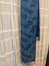 Blue Rose Pashmina Shawl Wrap Scarf Teal Floral Jacquard Fringed Soft