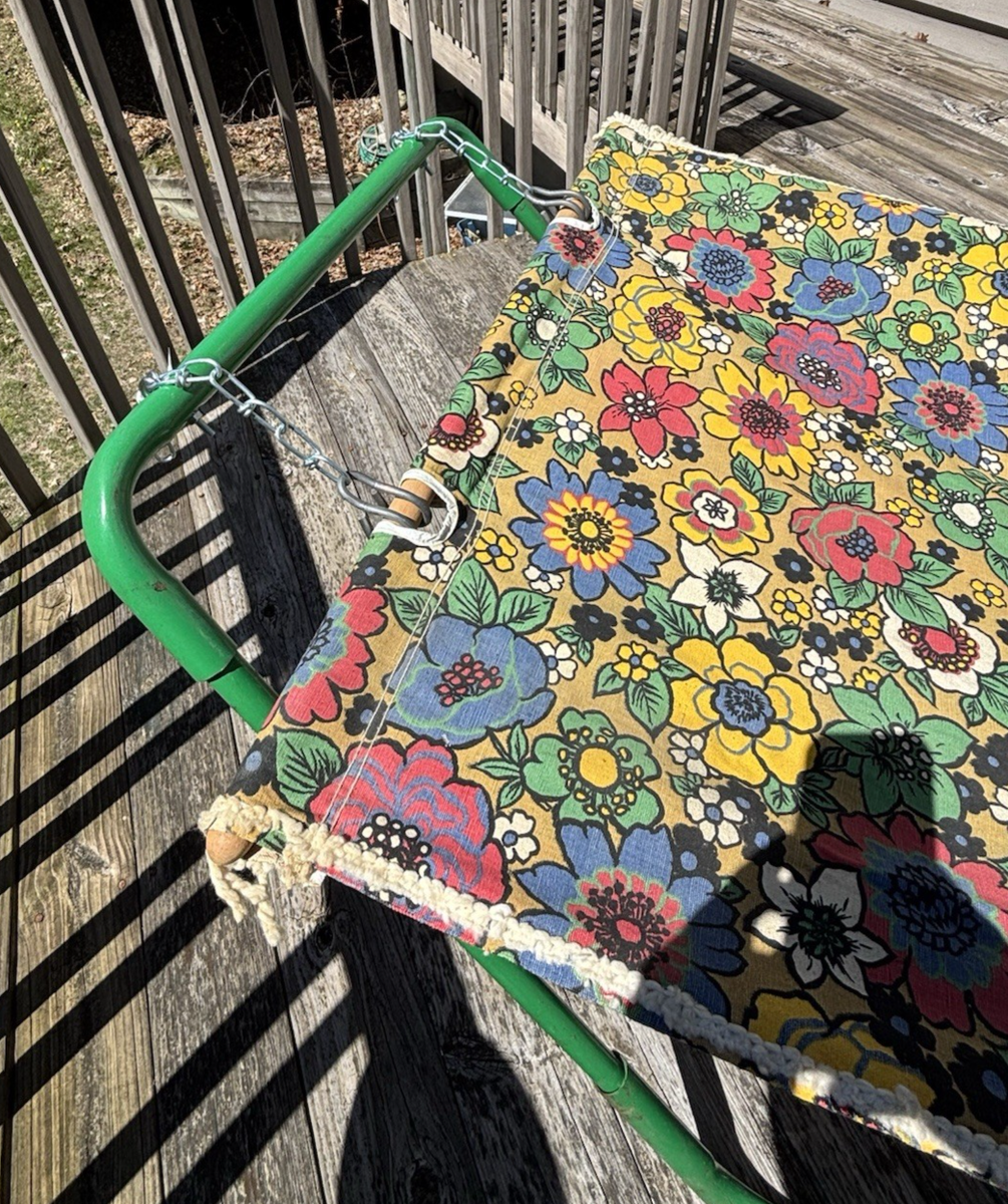 Vtg 60s Flower Power Cotton Canvas Hammock W/ Metal Tube Stand MOD
