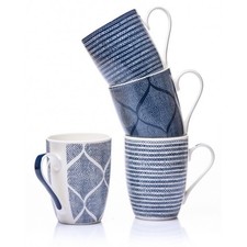 Blue 350ml Mugs Coffee Cups 4-Set Ceramic Weave Design Geometric Denim Pattern