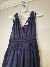 Sleeveless Maxi Dress Navy Blue Smocked V-Neck Pullover Stretch Long Solid