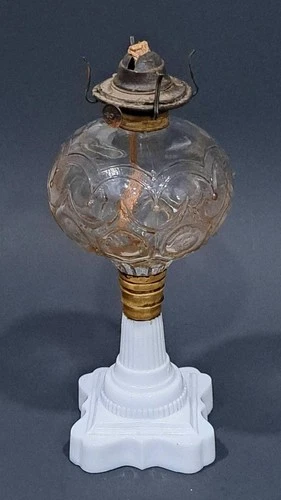 Antique Atterbury Oil Lamp EAPG Pattern Glass Font Milk Glass Base Burner & Wick