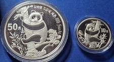B RARO 1987 China Panda Dos Monedas Plata Prueba Set 1oz, 5oz 10 y 50 Yuanes. Caja certificado de autenticidad