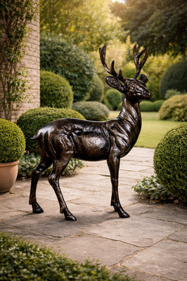 Hirsch Garten Ornament Hirsch Statue Aluminiumguss Bronzeoptik 64 cm