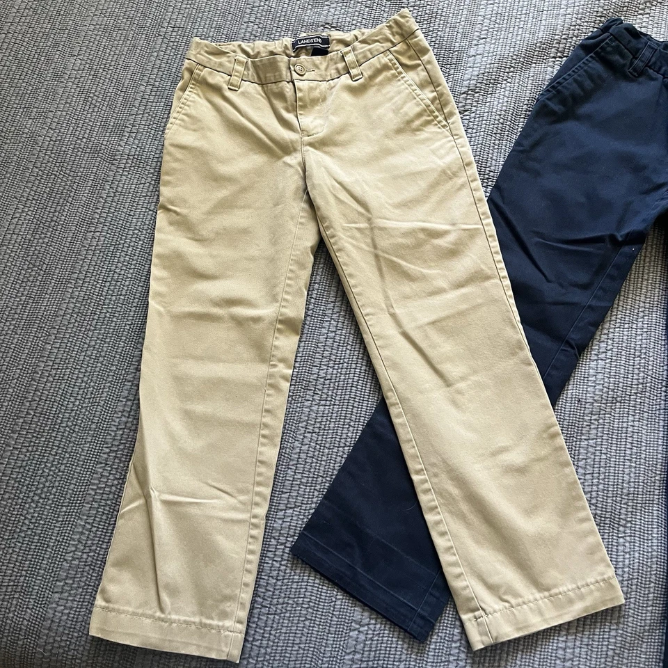 2 Pair Lands' End Girls Uniform Plain Blend Chino Pant Khaki Navy Blue Size 8 - Image 2 of 4