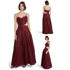 Aje Laurier Wave Maxi Dress Burgundy Red Plissé-Organza Waist Cut-out Gown 12/L