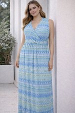 J Jill Sleeveless Maxi Dress Blue Green Print Size 2X Coastal Beachy Vacation