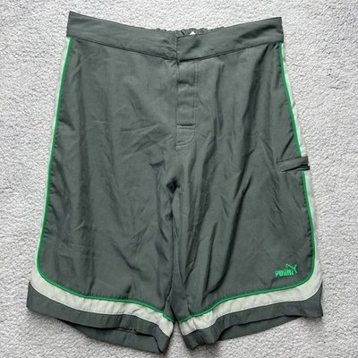 Puma Board Shorts Mens Large Gray Green 12 in Inseam Swim Trunks Cargo Pocket