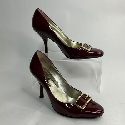 Vintage Guess Women Burgundy Patent Leather Square Toe Buckle Stiletto Pumps 6.5