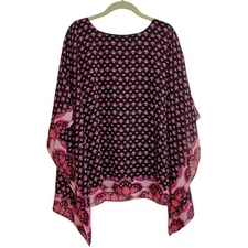 JM Collection Womens Poncho Top Large Black Pink Floral Boho Sheer Scarf Hem