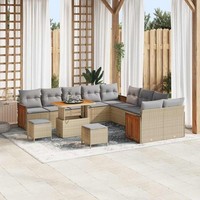 13-Teilige Garten-Sofa-Set Mit Kissen Beige Poly-Rattan Akazie, 3-Teiliges Garte