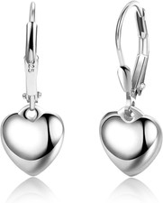 Sterling Silver Heart Earrings for Women Silver Heart Dangle Leverback Earrin...