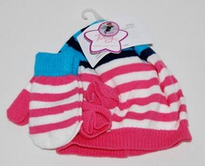 NWT Toby Toddler Girl Pink and Blue Striped Knit Hat and Mittens Set sz 2-4 yrs