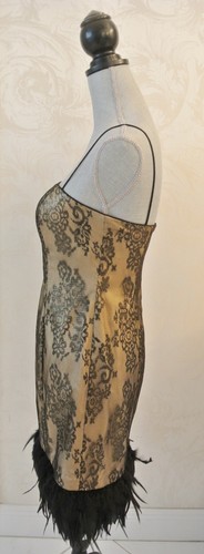 Black & Gold Ignite Cocktail Spaghetti Strap Feathered Mini Dress, Size 4 - Picture 7 of 7