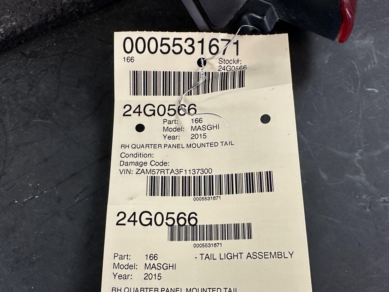 14-17 MASERATI GHIBLI PASSENGER RIGHT RH QUARTER MOUNTED TAIL LIGHT LAMP