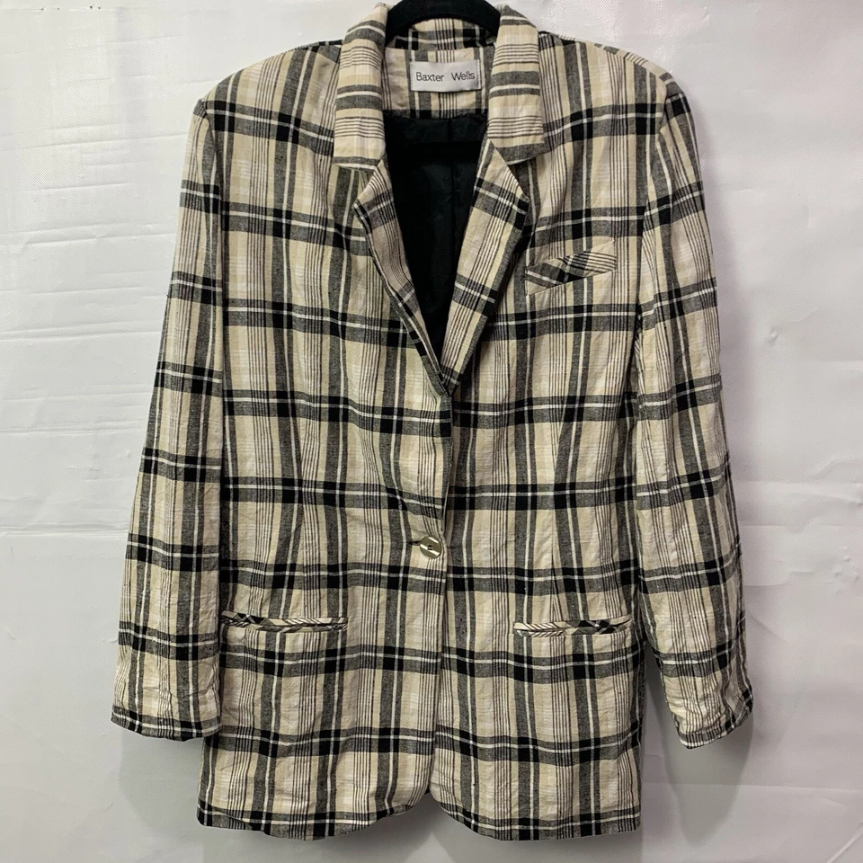 Baxter Wells Woman Black/Tan Check Linen Blend Long Sleeve Lined Blazer Size 10 Foto 2 de 4