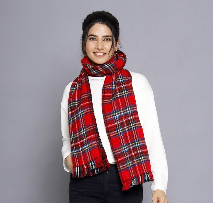 Bufanda De Mujer De Invierno Cálida 100% CASHMERE A Cuadros De Lana Roja