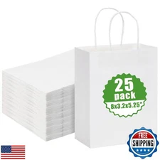 Moretoes 25pcs White Kraft Paper Gift Bags - 5.25x3.2x8 Inches with Handles -