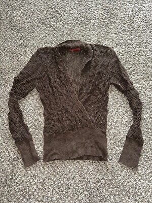 Tapemeasure Sweater Womens Pullover V-Neck Long Sleeve Brown Knit