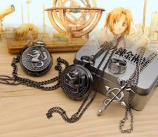 Anime Fullmetal Alchemist Edward Elric Snake Ring Necklace Pocket Watch 3pcs Set