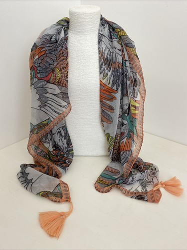 Colourful Parrot Bird Feathers Lightweight Viscose Square Scarf Tassels 115 cm - Picture 2 of 9