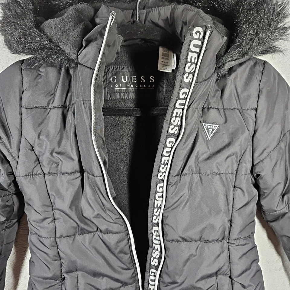 Guess Girls Lined Puffer Warm Coat Black Faux Fur Lined Logo Hood Sz M; 10-12 - Image 3 of 4