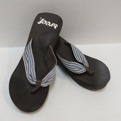 Brown Reef Wedge Heel Flip Flop Sandals Blue White Stripe