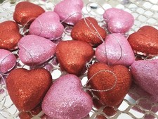 Valentines Pink Red Glitter Hearts Tree Ornaments 1.5" Decor 15pc