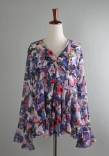 MISA Los Angeles $216 Floral Ruffle Semi Sheer Blouse Top Size Small