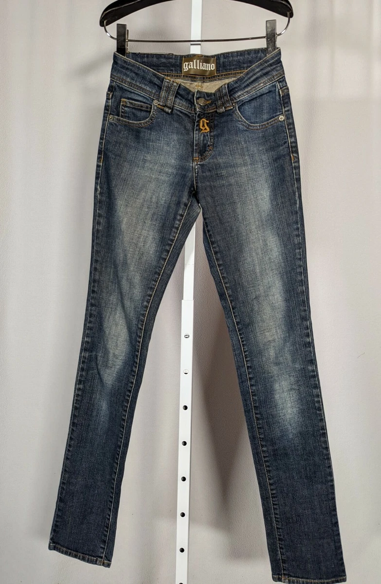 John Galliano Vintage Y2K Jeans Embroidered Pocket Denim Low Waist Long  Skinny