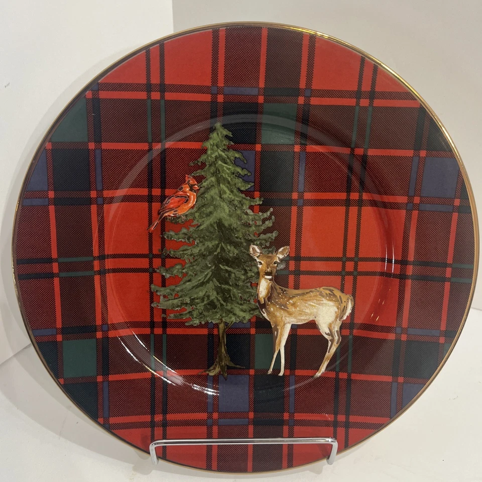 4 Pottery Barn Aspen Plaid Salad Plates Cardinal,Fox,Doe, Stag, Red Gold Forest - Image 2 of 4