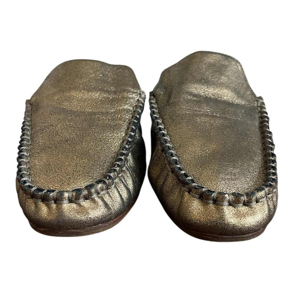 Halston Heritage Gold Leather Moccasin Slide Flats Women’s Size 6 Shoes - Image 2 of 4