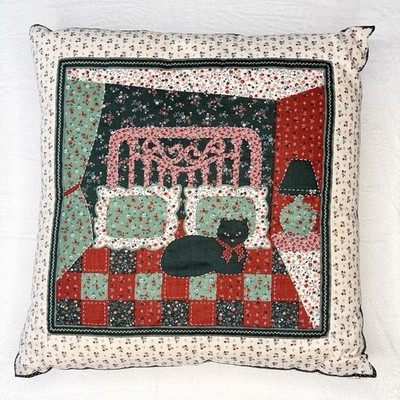 Vintage Patchwork Cat Throw Pillow 15x15 Quilted Floral Cottagecore Cushion