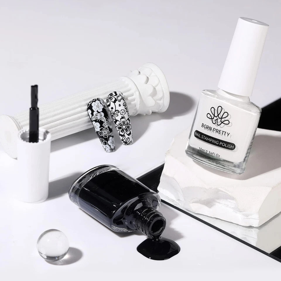Juego de esmaltes para estampar arte en uñas Born Pretty 0,2 fl oz paquete de 2 negro blanco Foto 4 de 4